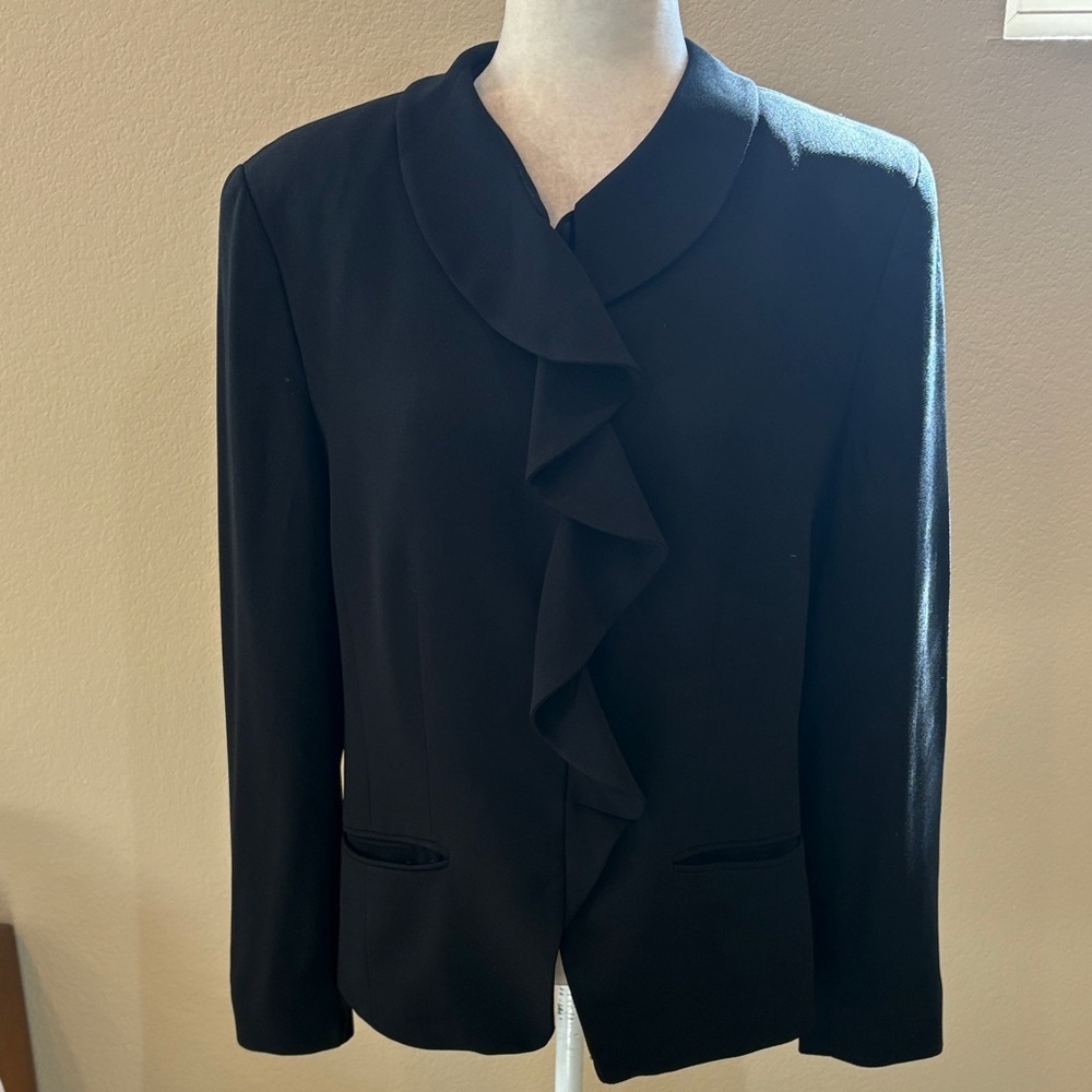 Liz Claiborne Black Ruffled Blazer with Lining and Front Pockets-Size 12